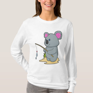 Camiseta Koala como pescador com cana de pesca e peixe