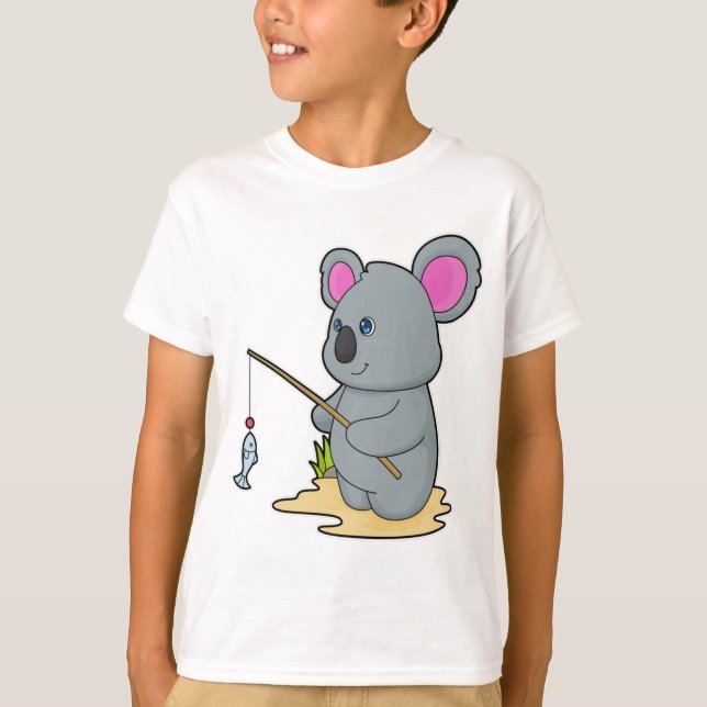 Camiseta Koala como pescador com cana de pesca e peixe (Frente)