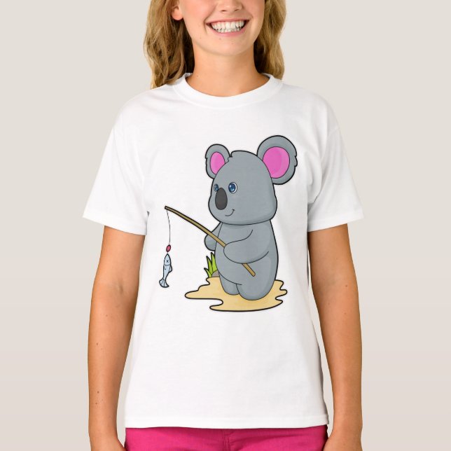 Camiseta Koala como pescador com cana de pesca e peixe (Frente)