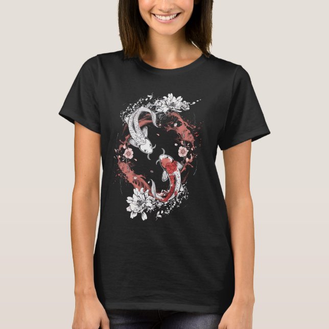 Camiseta Koi Fish Art Japonês Estilo Círculo Design Zen Gra (Frente)