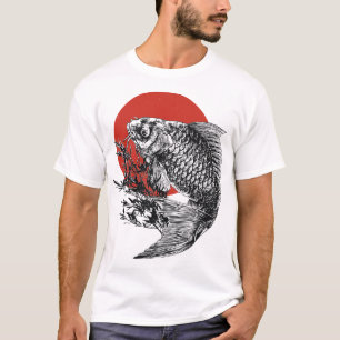 Camiseta Koi Fish Art Japonês Impressão Red Sun Feng As