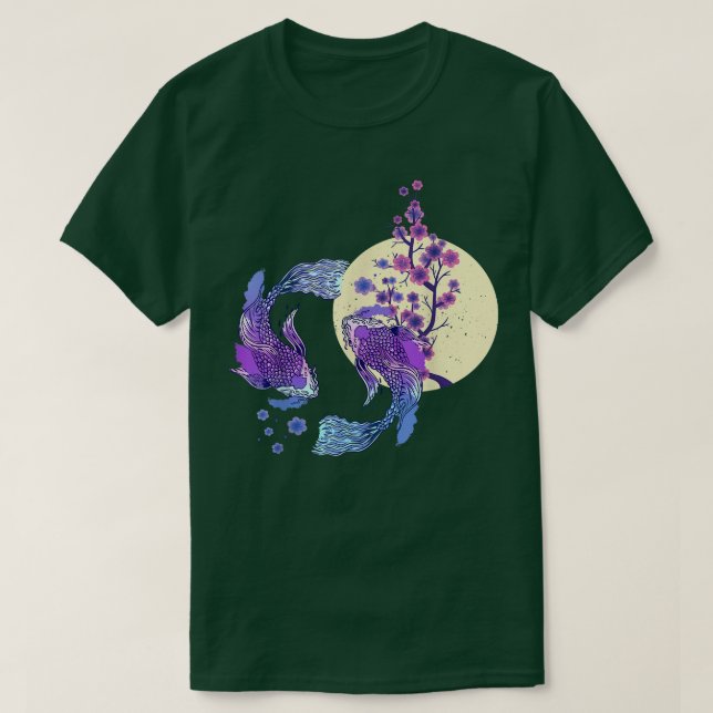 Camiseta Koi Japonês Koi Carp Full Moon Yin Yang Cherry Bl (Frente do Design)