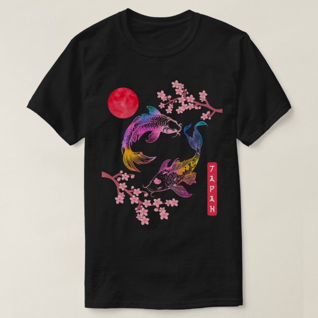 Camiseta Koi p Fish Sakura Red Rainbow Sun Japonês Cherry (Frente do Design)