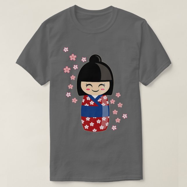 Camiseta Kokeshi Doll Kawaii Em Japonês Kimono E Sakura (Frente do Design)