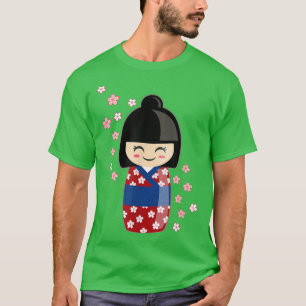 Camiseta Kokeshi Doll Kawaii Em Japonês Kimono E Sakura