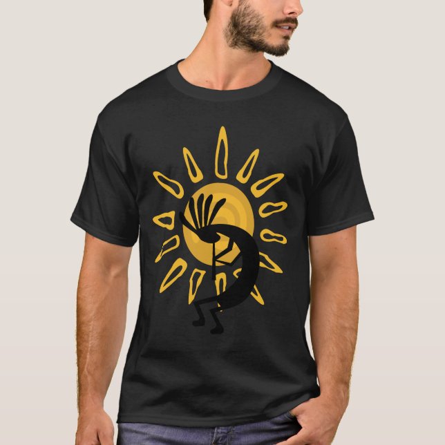Camiseta Kokopelli Dourado Sun Mens Black T-shirt (Frente)