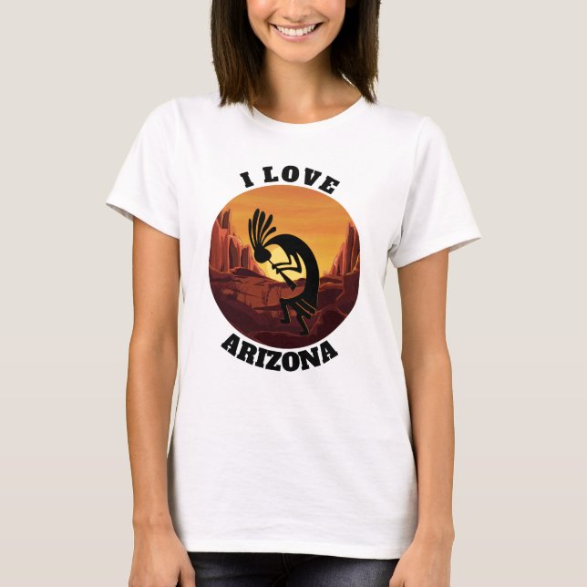 Camiseta Kokopelli Love Arizona Sunrise Dourada Deserto Mod (Frente)