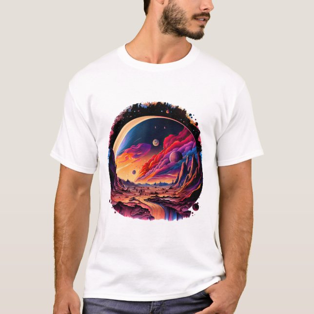 Camiseta Kosmische Landschaft mit Planeten und Bergen (Frente)