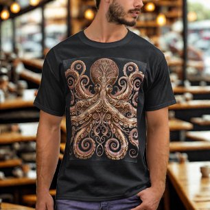 Camiseta Kraken Steampunk Polvo Ornate Dourado e Preto