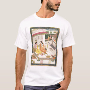 Camiseta Krishna e Radha em uma cama em um palácio do