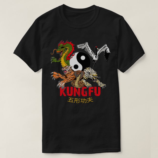 Camiseta Kung Fu 5 Animais Forme Cargueira-Tigre Cobra (Frente do Design)