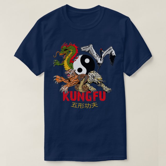 Camiseta Kung Fu 5 Animais Forme Cargueira-Tigre Cobra  (Frente do Design)
