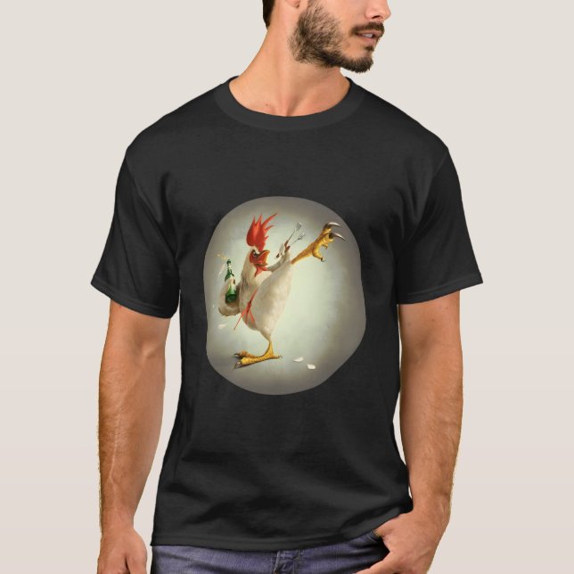 Camiseta Kung Fu Rooster Combatendo Frango Engraçado Bebend (Frente)
