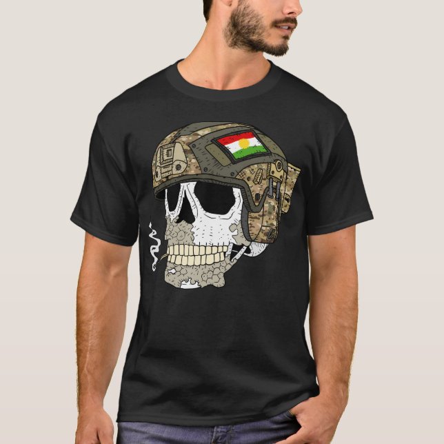 Camiseta Kurdistan Peshmerga. Caveira Queimada Com Capacete (Frente)