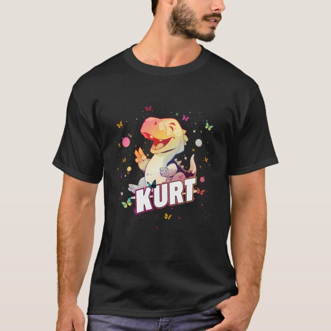 Camiseta Kurt - Nome de Menino Bonito com Dinossauro Gato (Frente)
