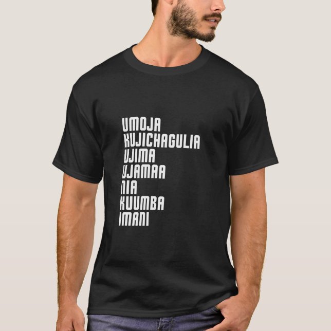 Camiseta Kwanzaa Sete Princípios Umoja Kujichagulia Ujima (Frente)