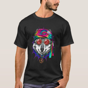 Camiseta Lã Tie Hippie Lobo Sinal de Paz Animal Psicodélico