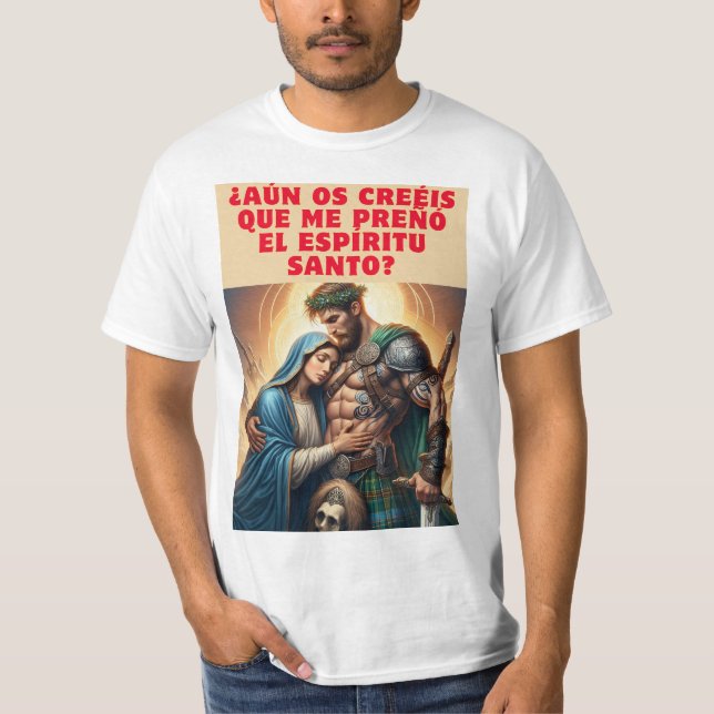 Camiseta La Virgen María y el Guerrero: Un Encuentro Humorí (Frente)