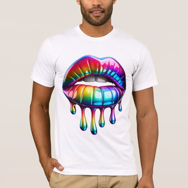 Camiseta Lábios Arco-Íris com Glossy Hyper-Realísticos com  (Frente)