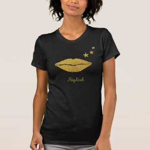 Camiseta Lábios brilhantes dourados elegantes, caligrafia &