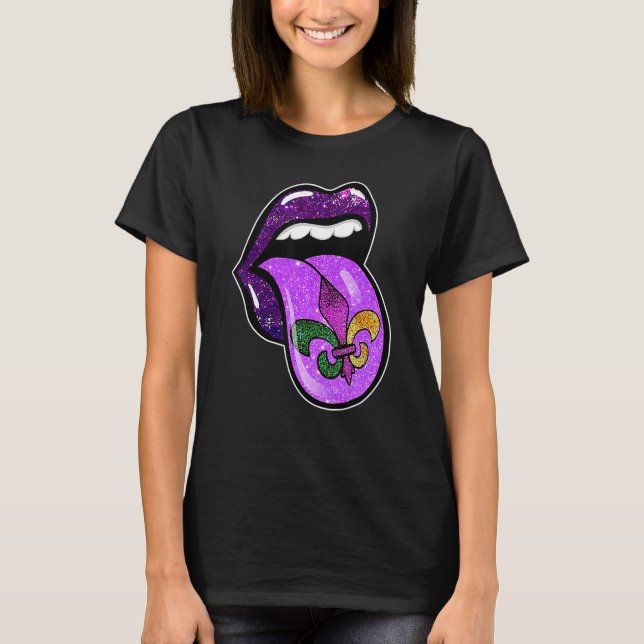 Camiseta Lábios Carnaval de Mardi Gras Roxo Fleur De Lis Mu (Frente)
