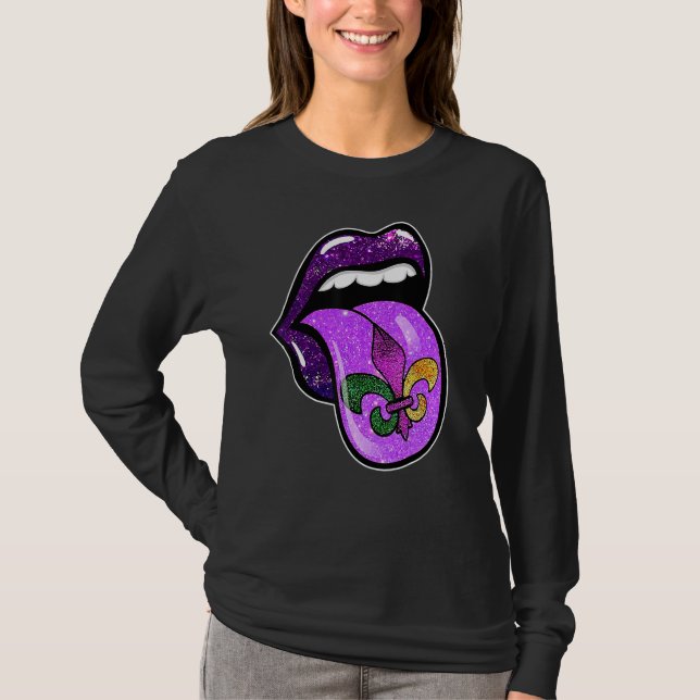 Camiseta Lábios Carnaval Mardi Gras Roxo Fleur De Lis Mulhe (Frente)