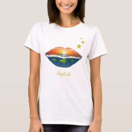 Camiseta Lábios da aurora no oceano estilosos, estrelas & c