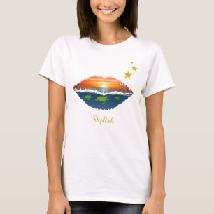 Camiseta Lábios da aurora no oceano estilosos, estrelas & c