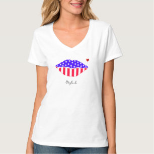 Camiseta lábios de bandeira na moda americano de coração
