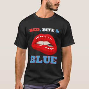 Camiseta Lábios De Diversão Vermelha Azul Mordendo O Beijo 