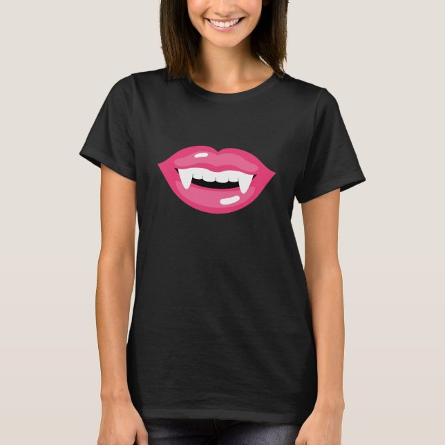 Camiseta Lábios de Vampiro Brilhantes Rosa Presas Boca Hall (Frente)