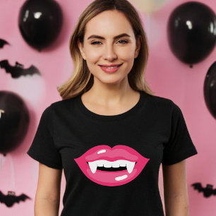 Camiseta Lábios De Vampiro Rosa Sorridentes Com Presas