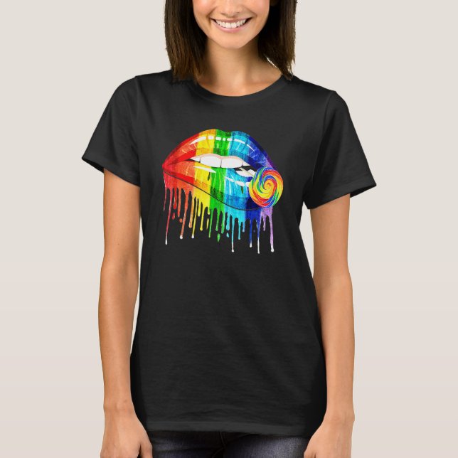 Camiseta Lábios do Arco-Íris legal mordendo doce Lgbt Les O (Frente)