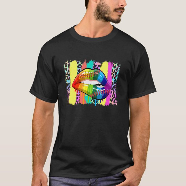 Camiseta Lábios do Orgulho Mês de Baseball Rainbow (Frente)