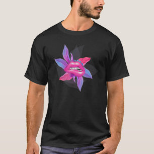 Camiseta Lábios e Folhas Rosa Pastel Moderno Capa Futurísti