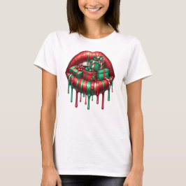 Camiseta Lábios Festivos com Presentes de Natal