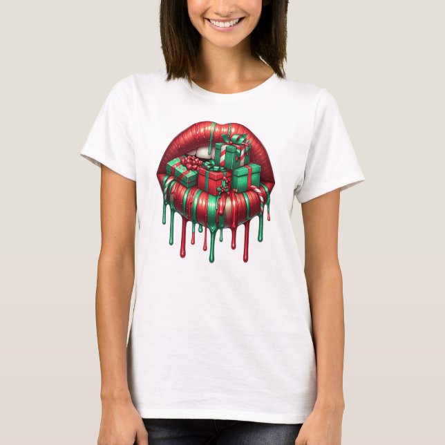 Camiseta Lábios Festivos com Presentes de Natal (Frente)