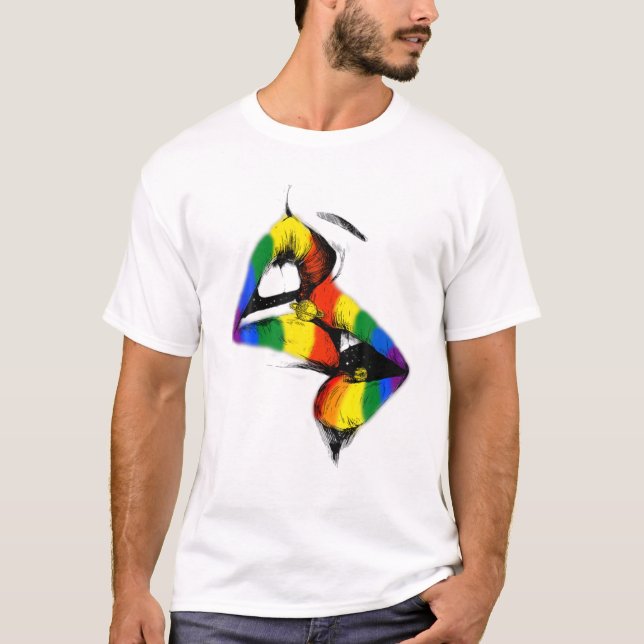 Camiseta Lábios lésbicas beijando sinalizador do arco-íris  (Frente)