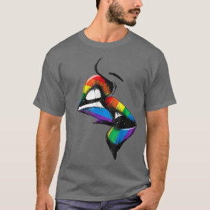 Camiseta Lábios lésbicas beijando sinalizador do arco-íris 