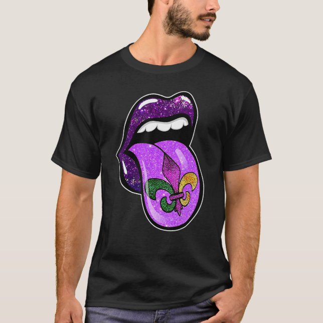 Camiseta Lábios Mardi Gras Carnaval Purple Fleur De Lis Mul (Frente)