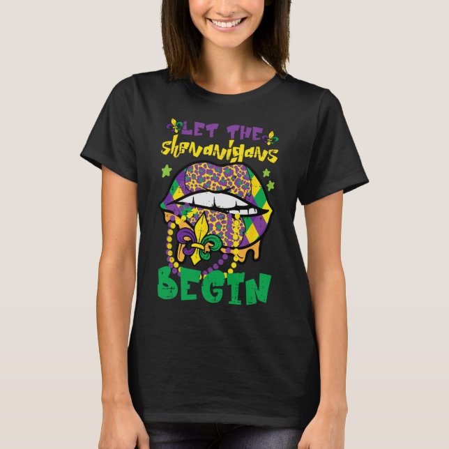 Camiseta Lábios Mardi Gras Deixam Shenanigans Começar Mulhe (Frente)