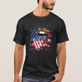 Camiseta Lábios Patrióticos Do Leopardo Bandeira Americana 