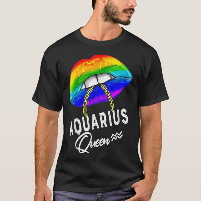Camiseta Lábios Rainhas do Aquário LGBTQ Zodiac Orgulho gay (Frente)