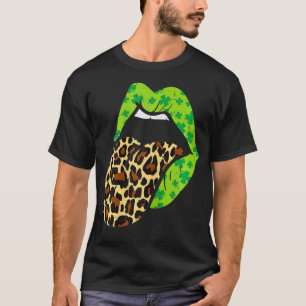 Camiseta Lábios Verdes Leopardo Imprimir Língua Para Fora