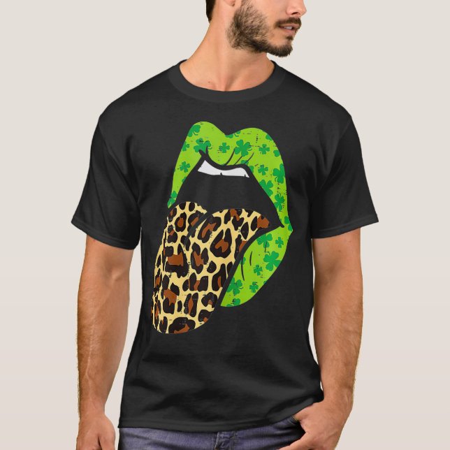 Camiseta Lábios Verdes Leopardo Imprimir Língua Para Fora D (Frente)