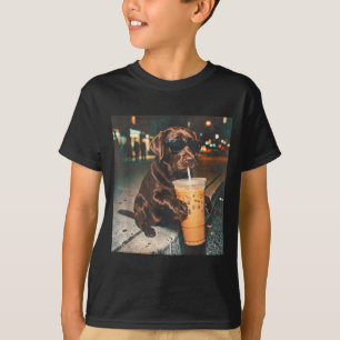 Camiseta Labrador chocolate engraçado bebendo café gelado a