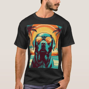 Camiseta Labrador com óculos escuros numa praia tropical