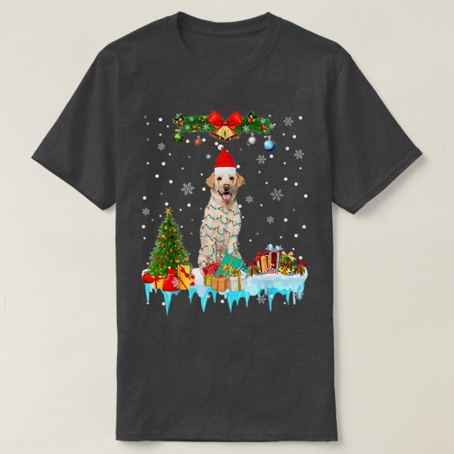 Camiseta Labrador Dog Santa Hat Reindeer Luzes de Natal (Frente do Design)