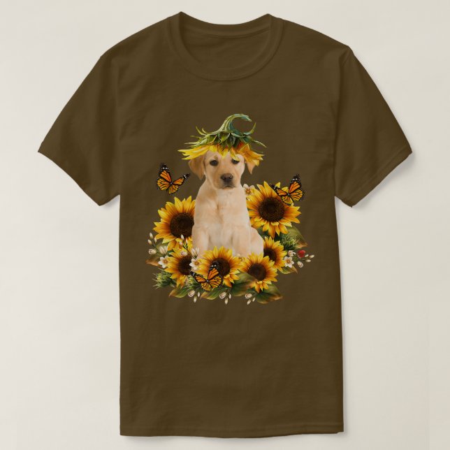 Camiseta Labrador Girassol Borboleta Cachorro Bonito Presen (Frente do Design)