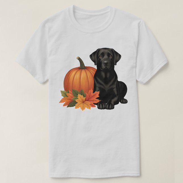 Camiseta Labrador Negro com Folhas de outono e Abóbora (Frente do Design)